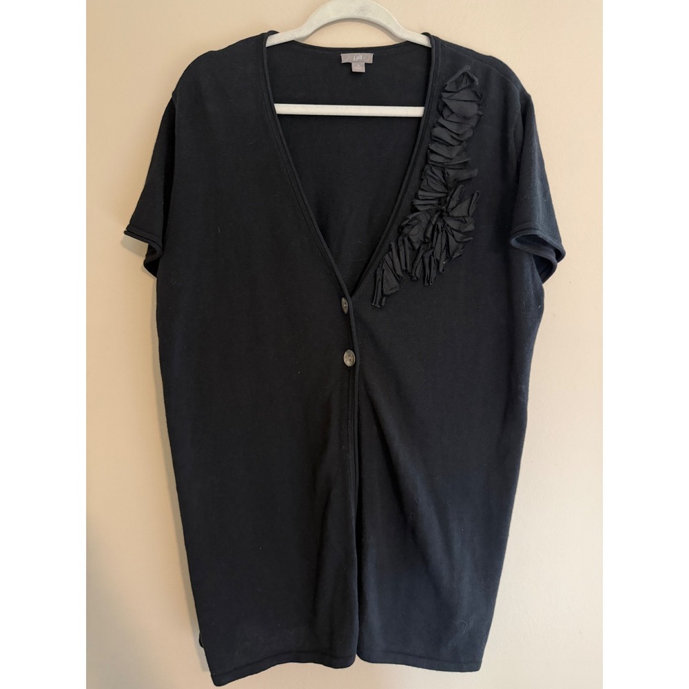 J. Jill Womens XL Black Linen Cotton Blend Ruffle Cardigan Short Sleeve Boho
